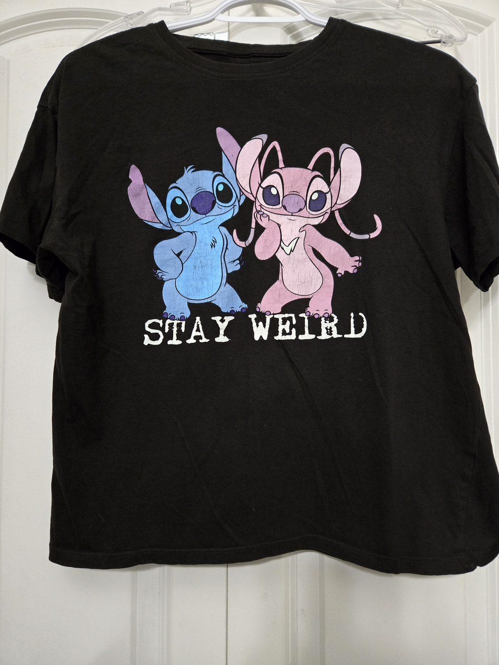 Women's "Stay Weird" Stitch & Angel Graphic Tee - Black, Blue & Pink
